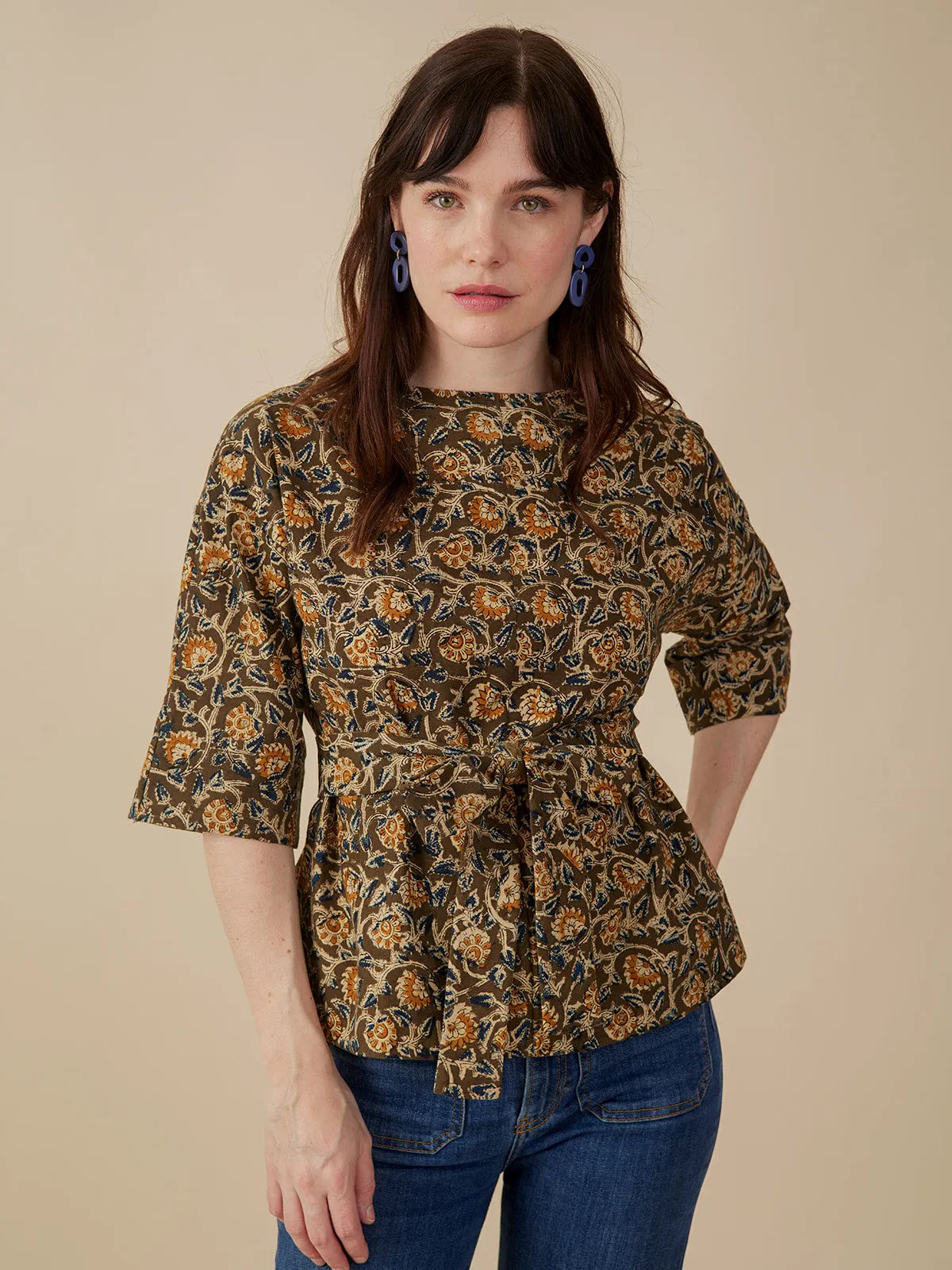 Ruth Top - Olive Kalamkari Wrinkle Resistant Treatment RubberizedGrip