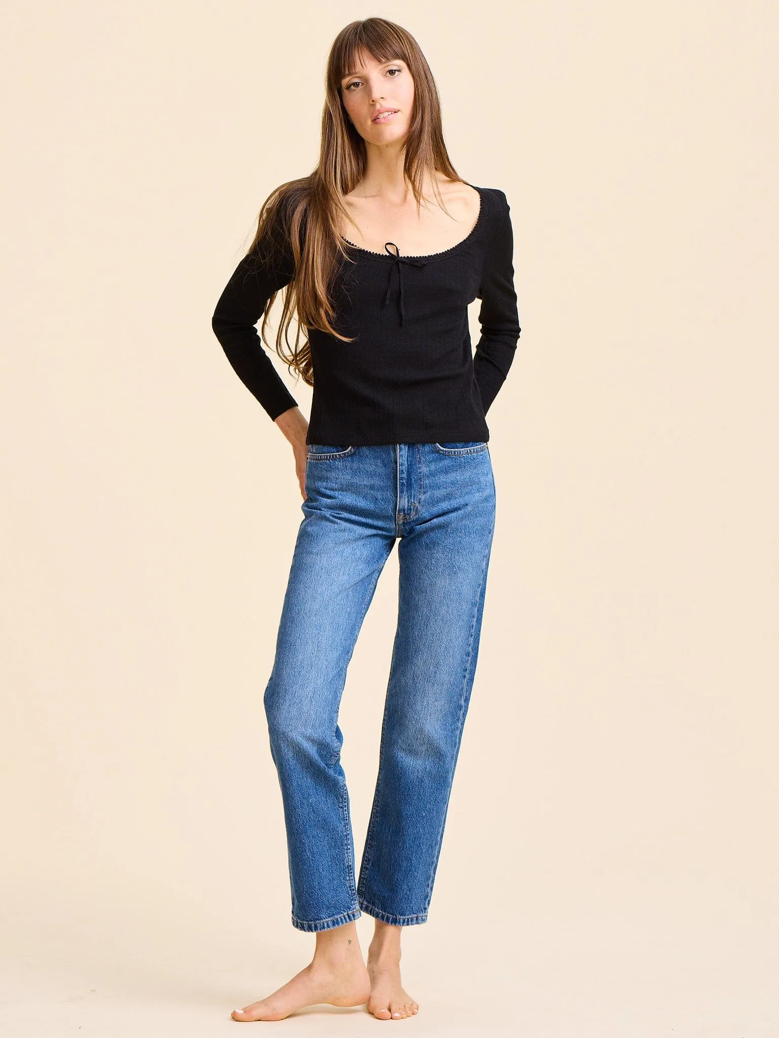 Sally Pointelle Tee in Black Tailored Seams QuickReleaseFastenings