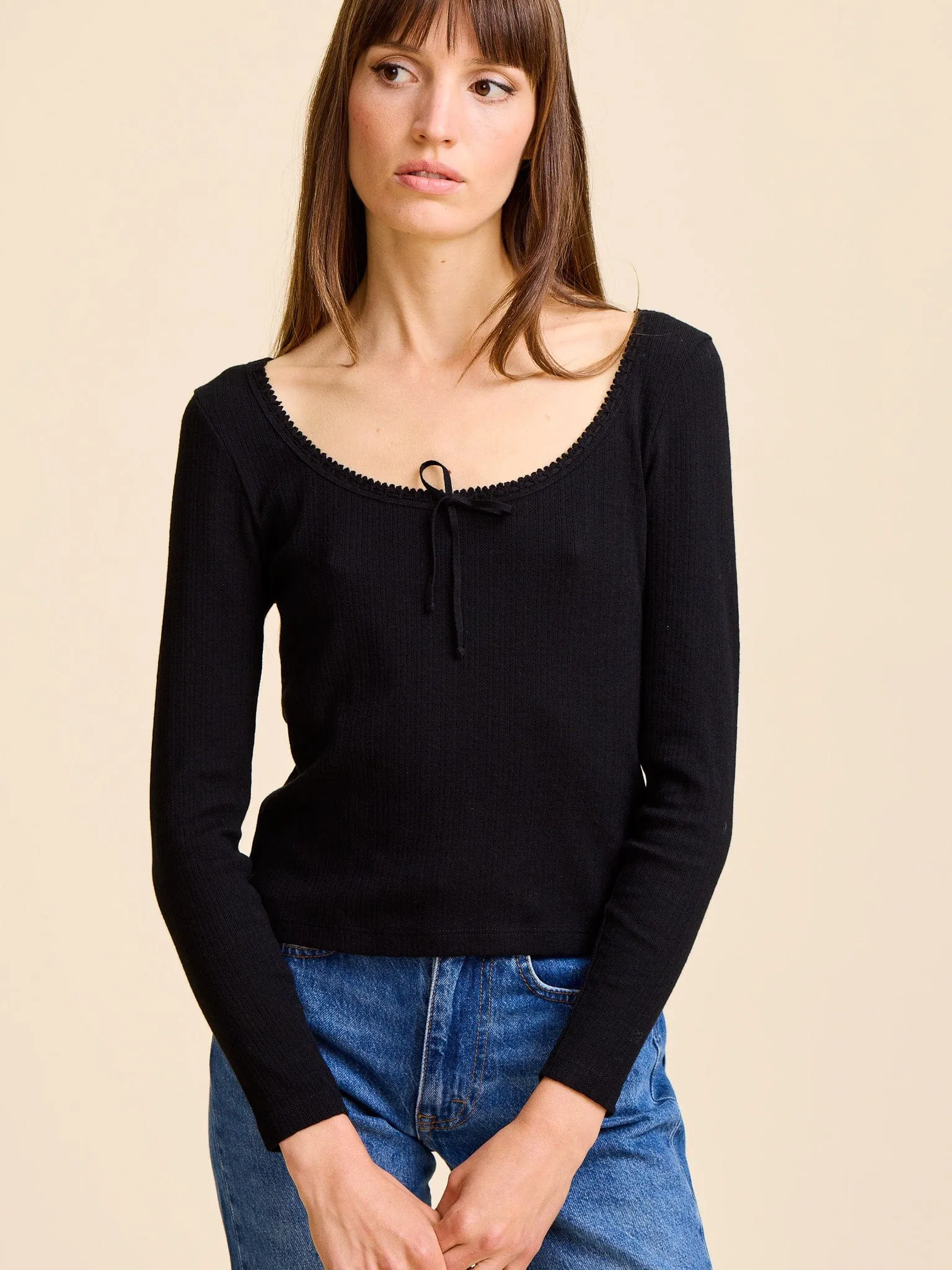 Sally Pointelle Tee in Black Durable Interlock Stitch Cozy Layer