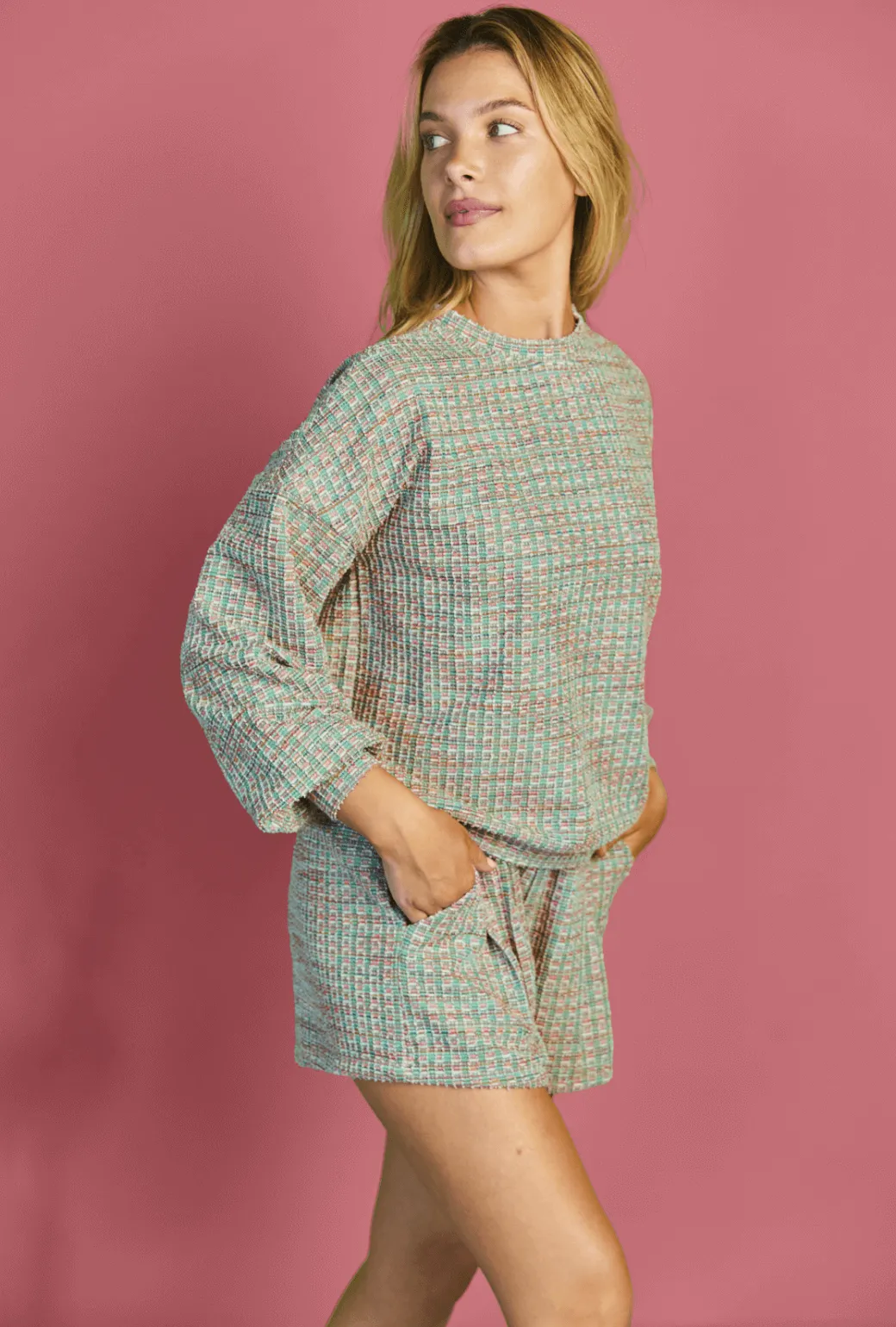 Seamless Technology SAMPLE - Everyday Shorts - Green and Pink Plaid Knit