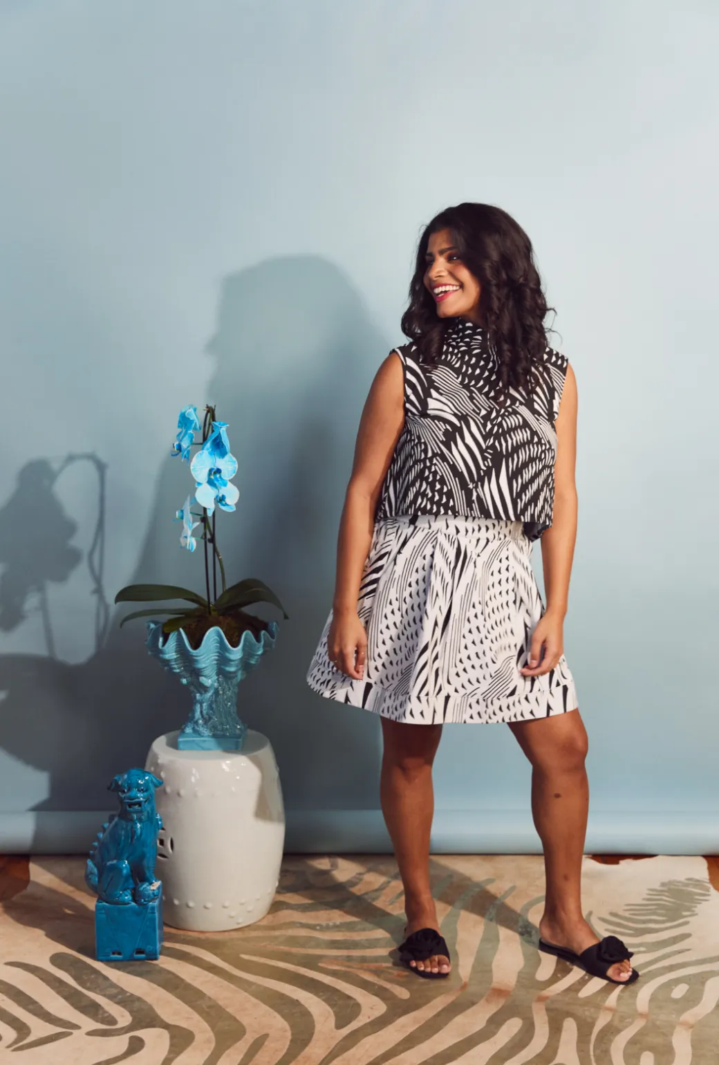 SAMPLE- Flat Front Everyday MINI Skirt  - Abstract White Soft Stretch