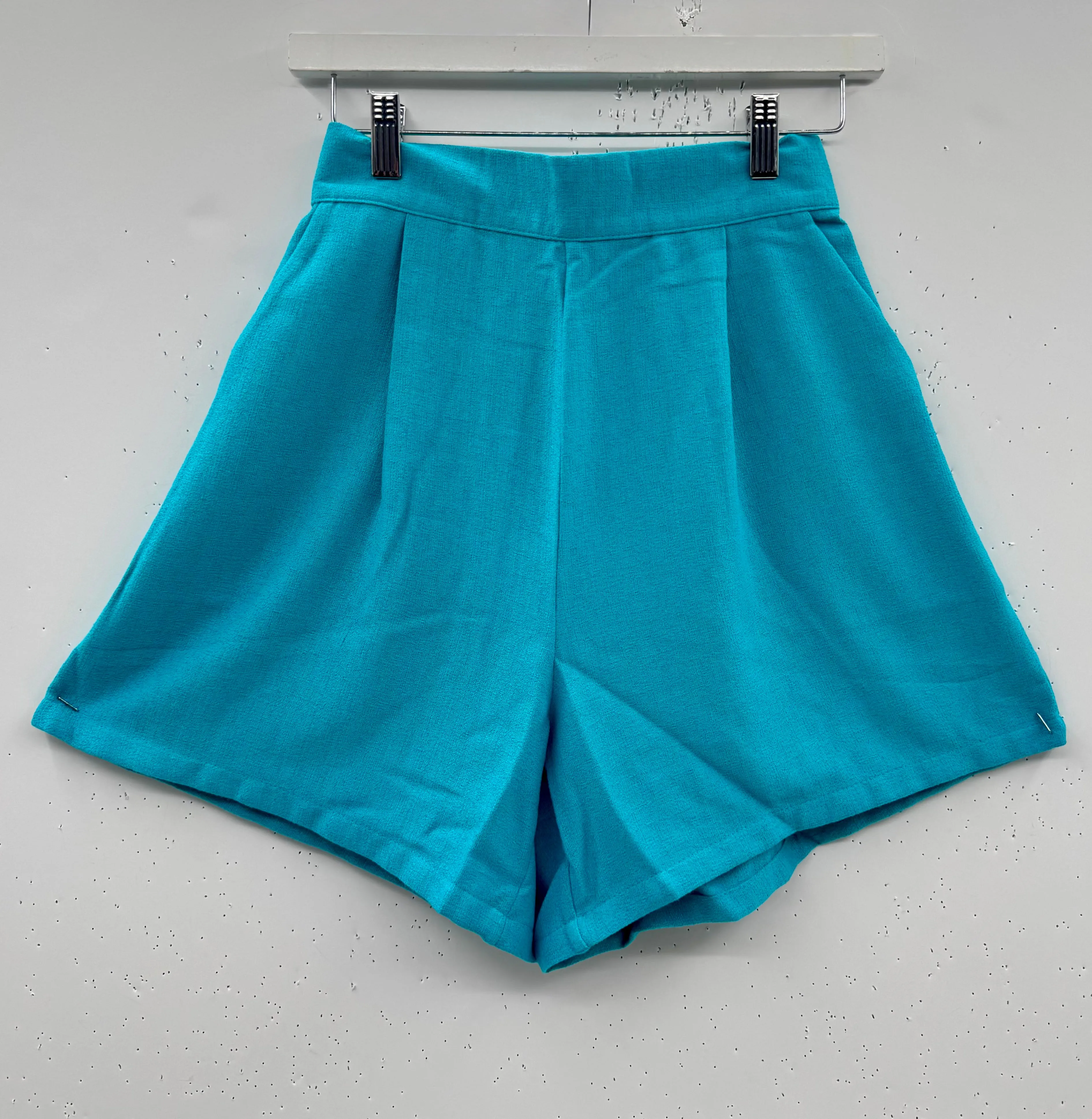 SAMPLE - Flat Front Everyday Shorts - Aqua Faux Linen Hidden Pocket System