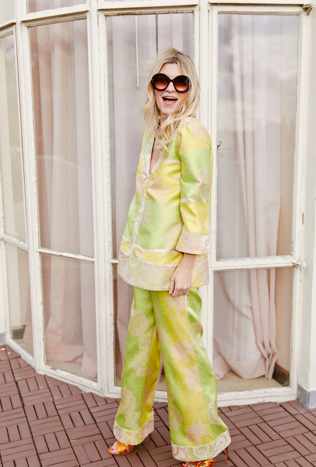 Twill Weave Texture Stable Shape SAMPLE - Hepburn High Rise Trousers - Chartreuse Brocade