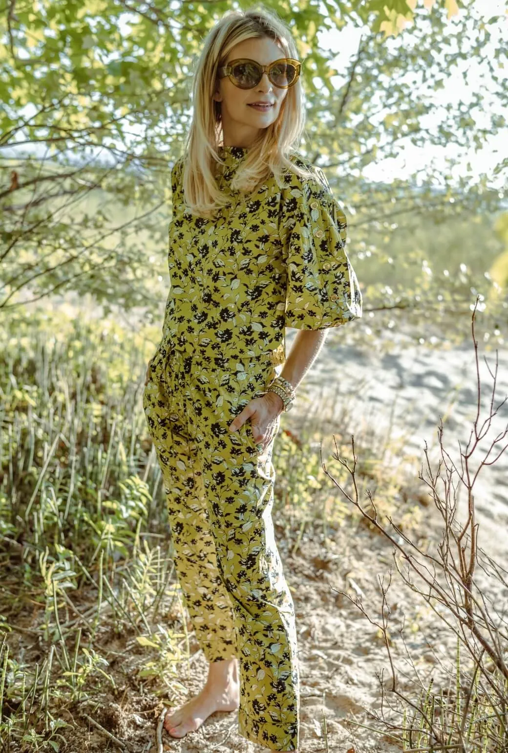 SAMPLE - Le Culottes Full Length - Chartreuse Floral Linen blend Durable Hemming