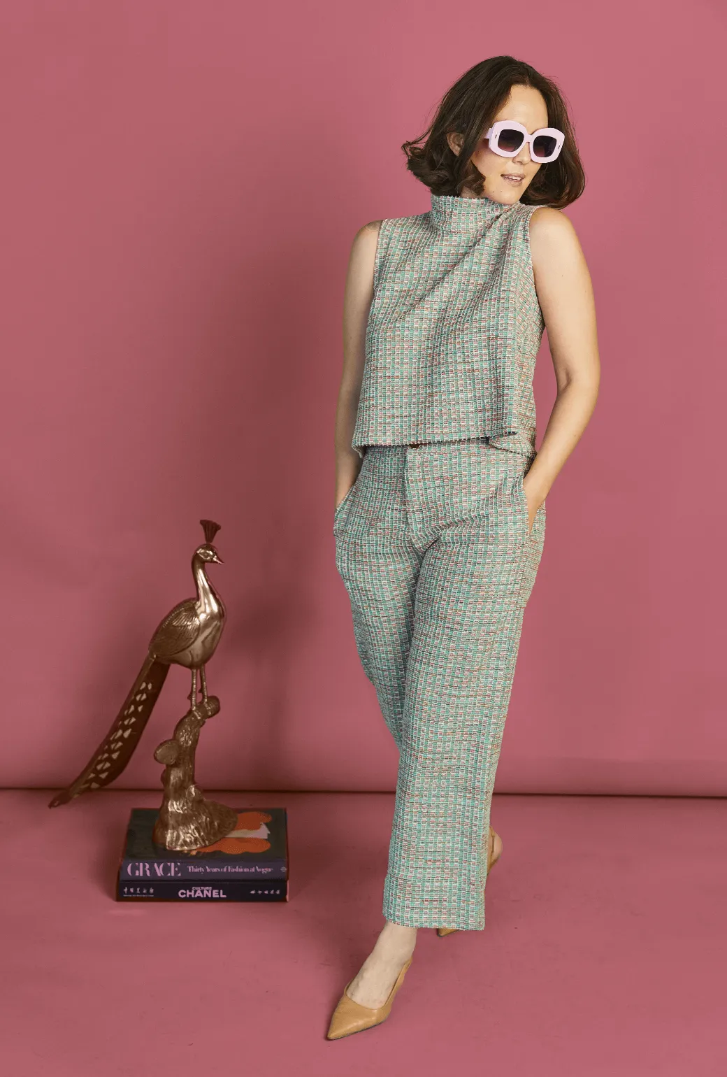 SAMPLE - Le Culottes - Green and Pink Plaid Knit DoubleLayeredHem