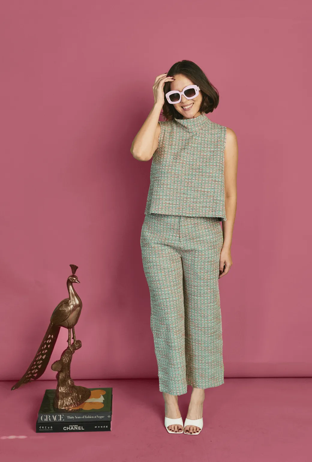 Long Use Reflective accents SAMPLE - Le Culottes - Green and Pink Plaid Knit