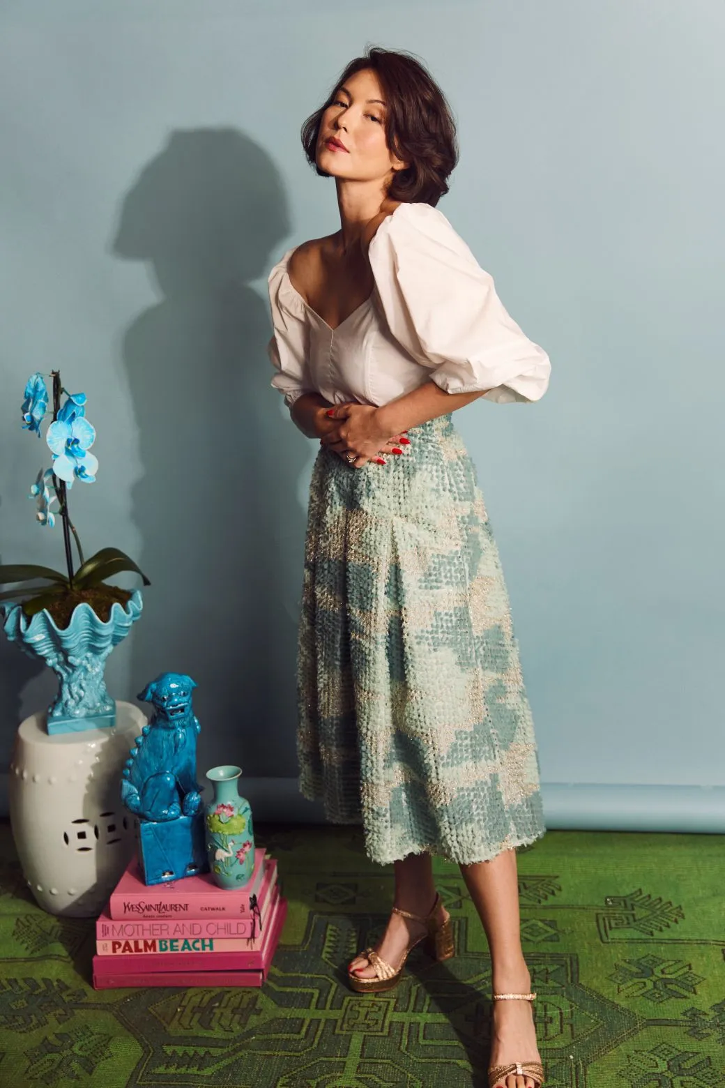 SAMPLE - Polly Party Skirt - Aqua Shimmer Fringe Tapered Leg Design SnagFreeFabric