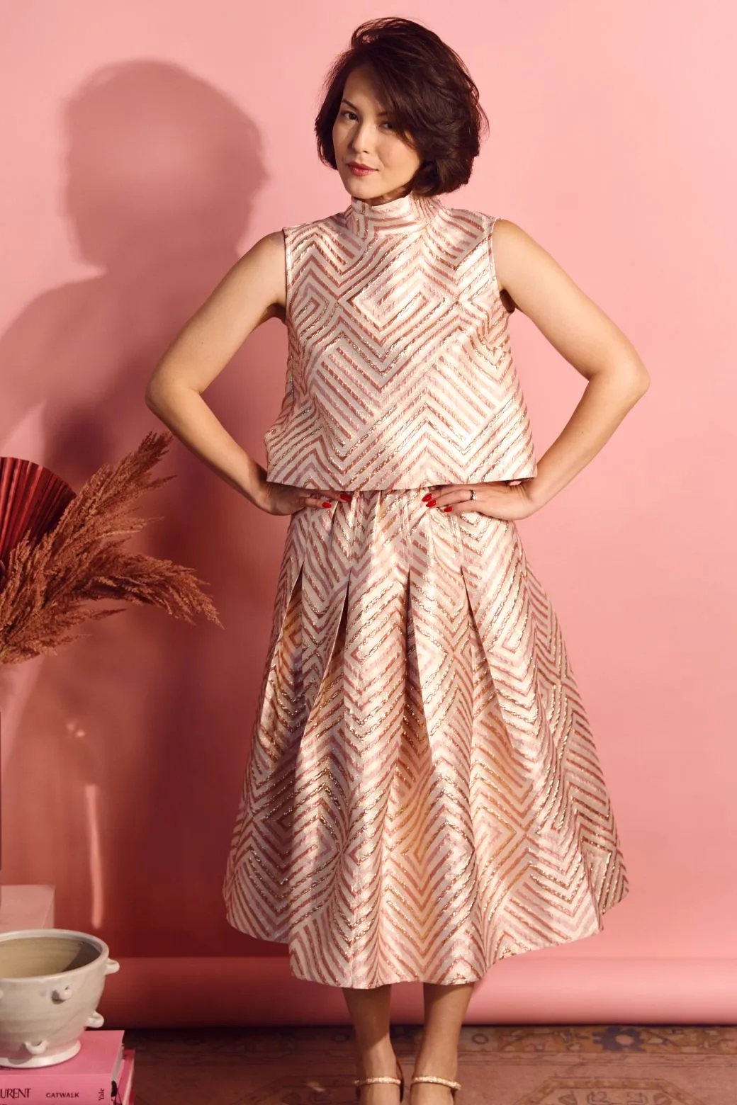 SAMPLE - Polly Party Skirt - Blush Geometric Brocade Wide-leg cut