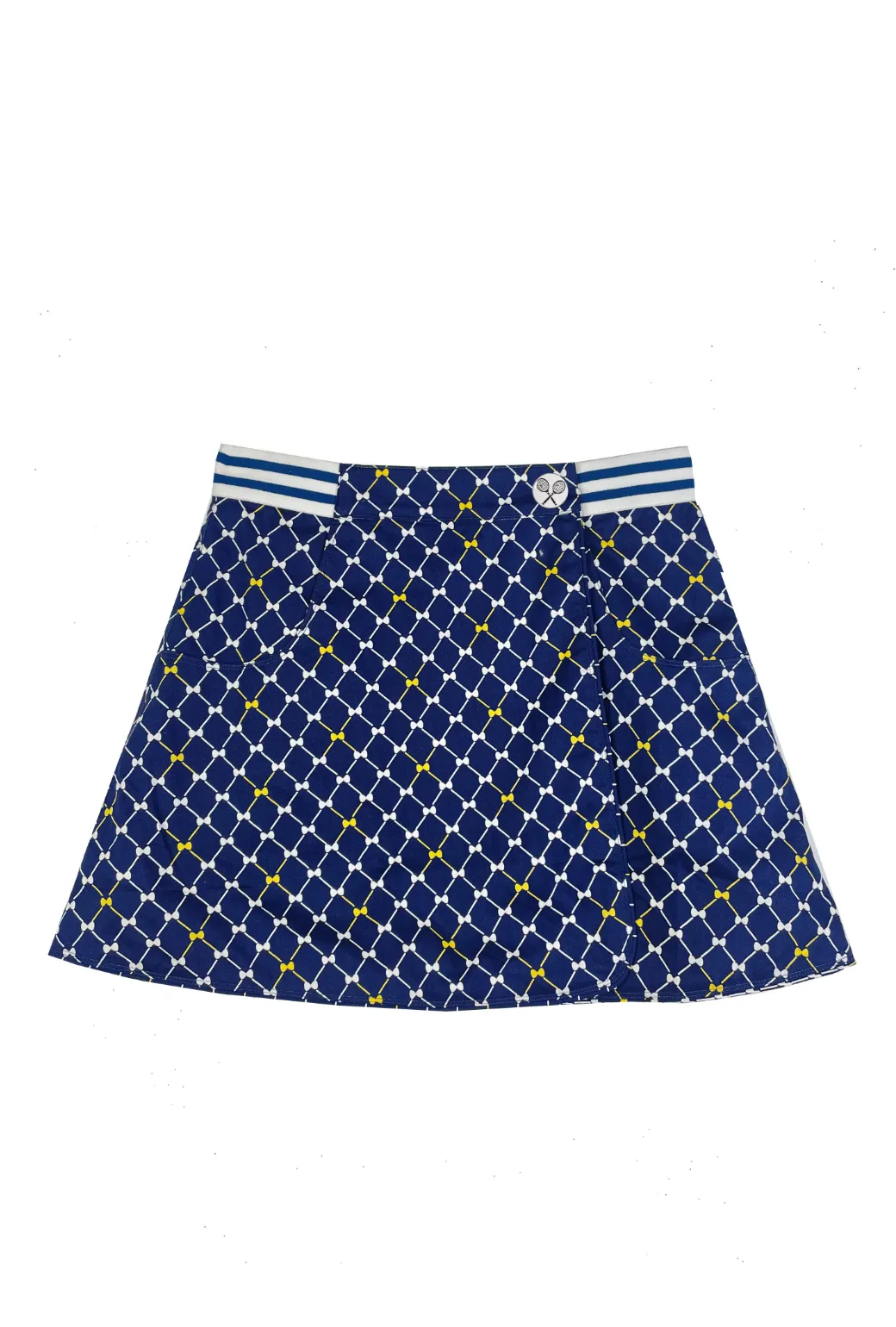 Thermal Regulating FlexibleMobilityDesign SAMPLE - Reversible Tennis Skirt - Navy Bows & Yellow Lurex