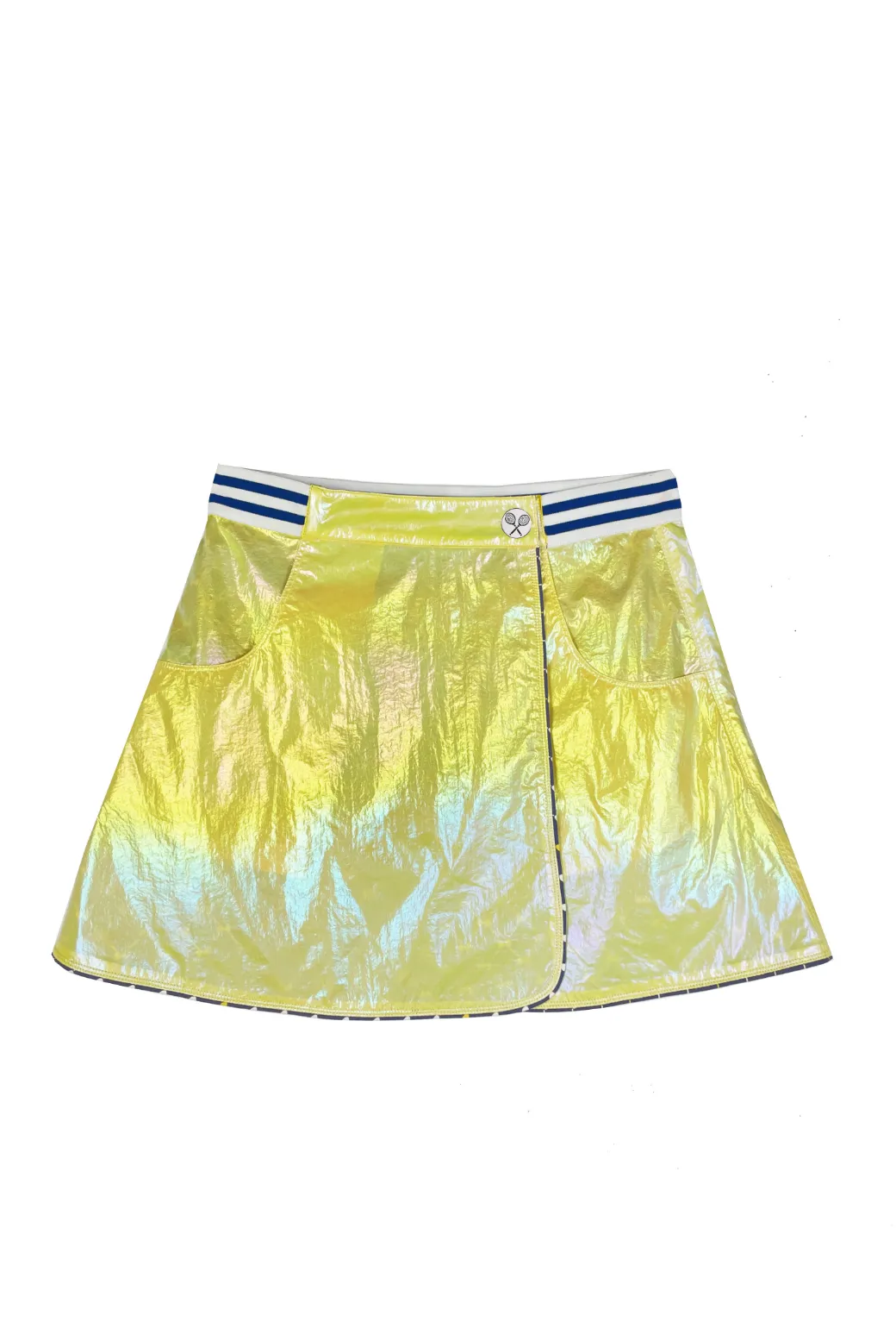 SAMPLE - Reversible Tennis Skirt - Navy Bows & Yellow Lurex Stain Release Finish