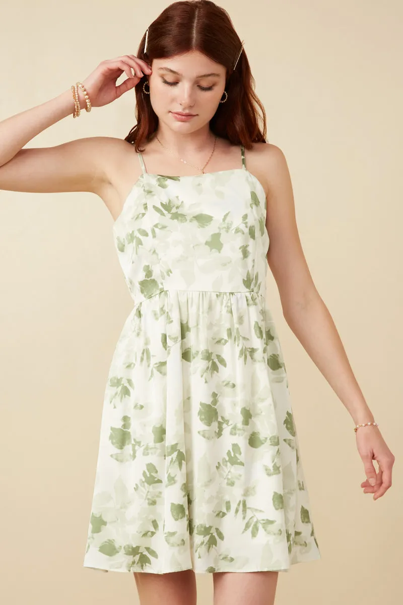 Satin Floral Smocked Back Tank Dress Tiered Skirt