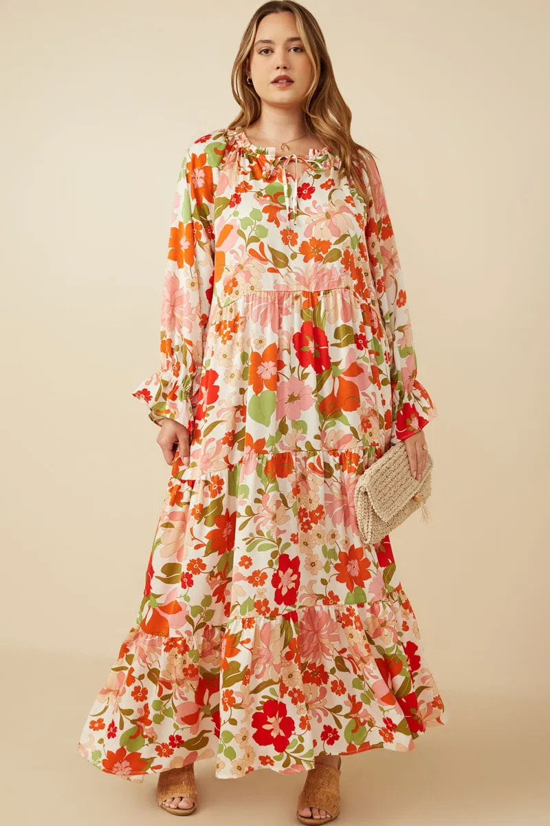 Romance Soul Satin Floral Tie Neck Tiered Maxi Dress