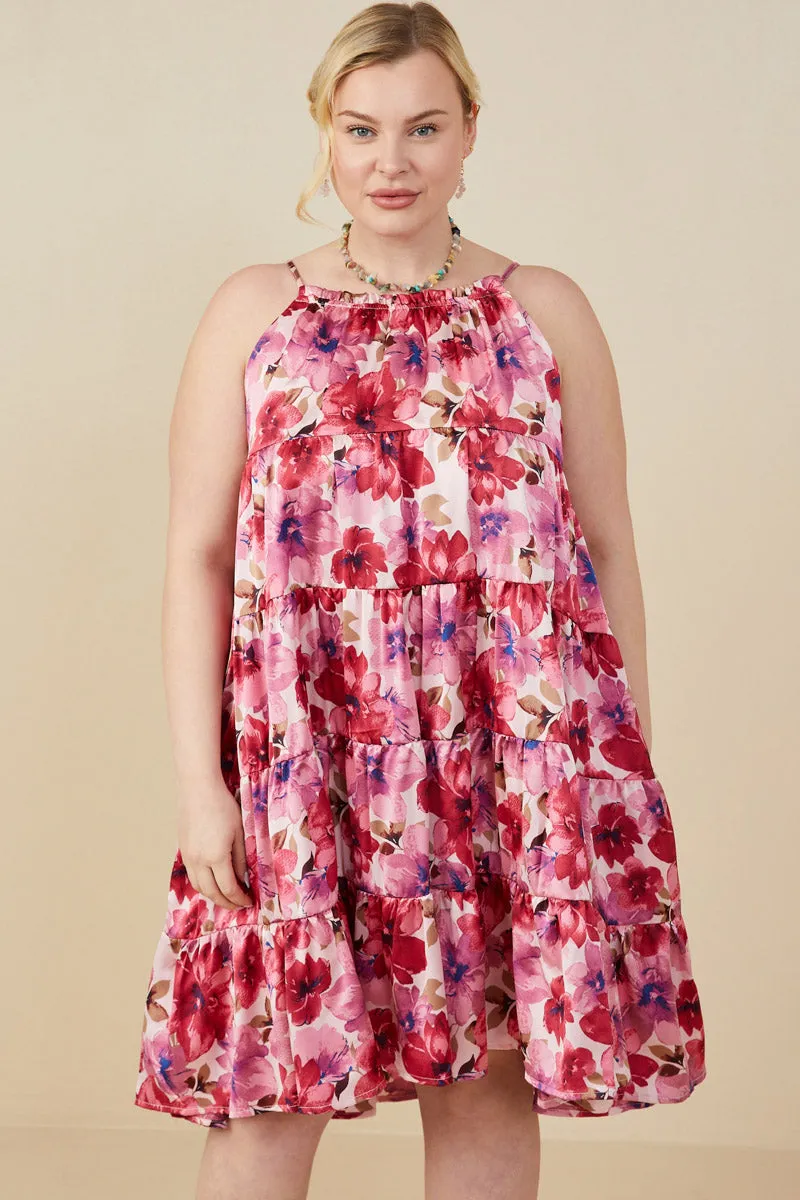 Evening Vibe Satin Floral Tiered Tank Dress