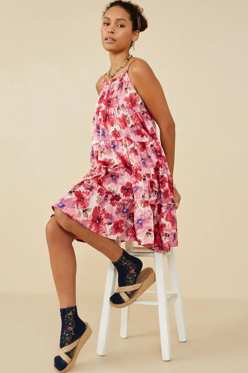 Satin Floral Tiered Tank Dress Simple Texture Relax Flex