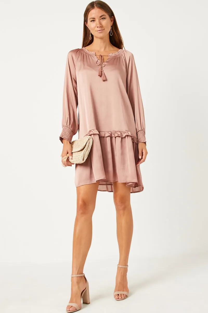 Fall Mood Satin Look Smocked Cuff Tie Neck Dress