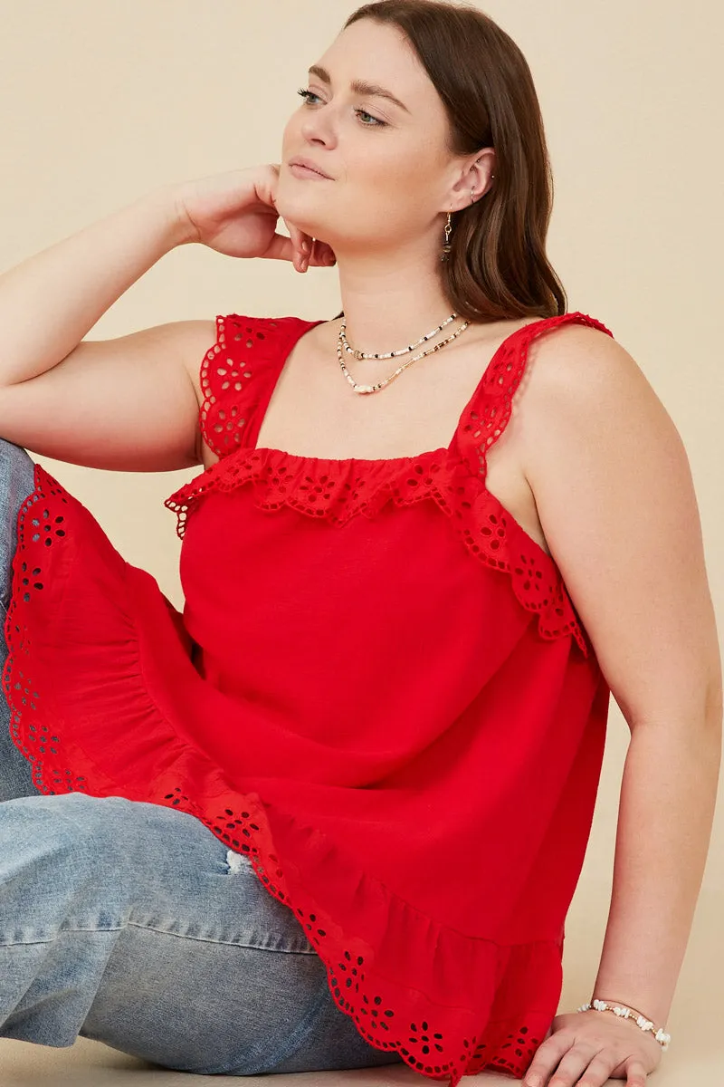 Odor Resistant Petal Sleeve Architecture Scalloped Eyelet Ruffle Tank