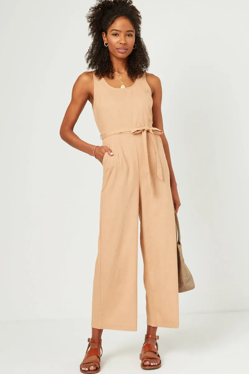 Neutral Aesthetic Scoop Neck Sleeveless Straight Leg Belted Jumpsuit
