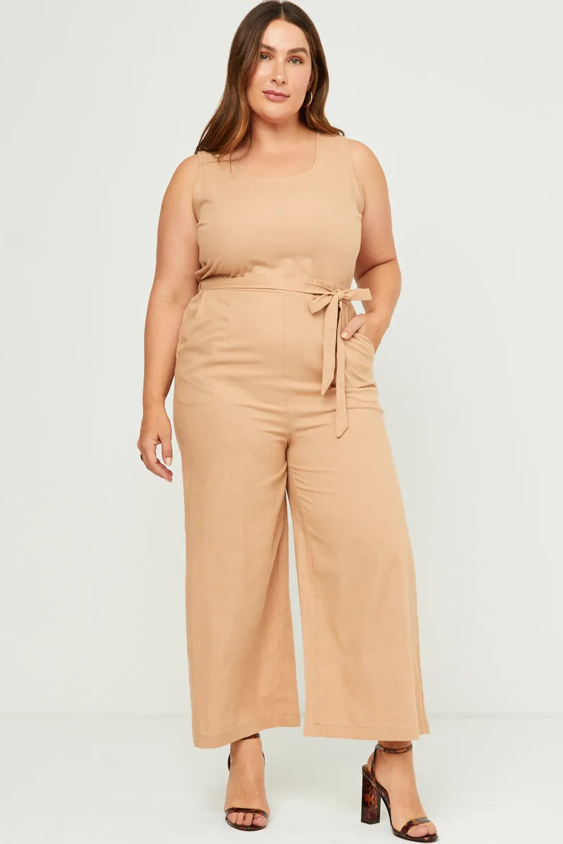 Inner lining Scoop Neck Sleeveless Straight Leg Belted Jumpsuit