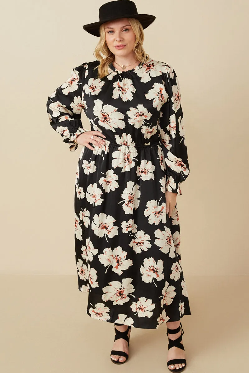 Soft cotton blend dress Romantic Floral Ruffle Neck Cinched Cuff Dress