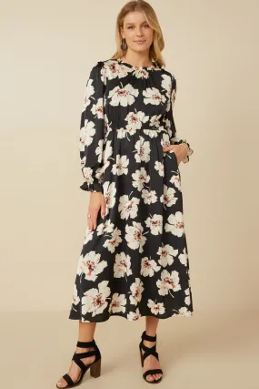 Romantic Floral Ruffle Neck Cinched Cuff Dress Snag-Resistant Cool Palette