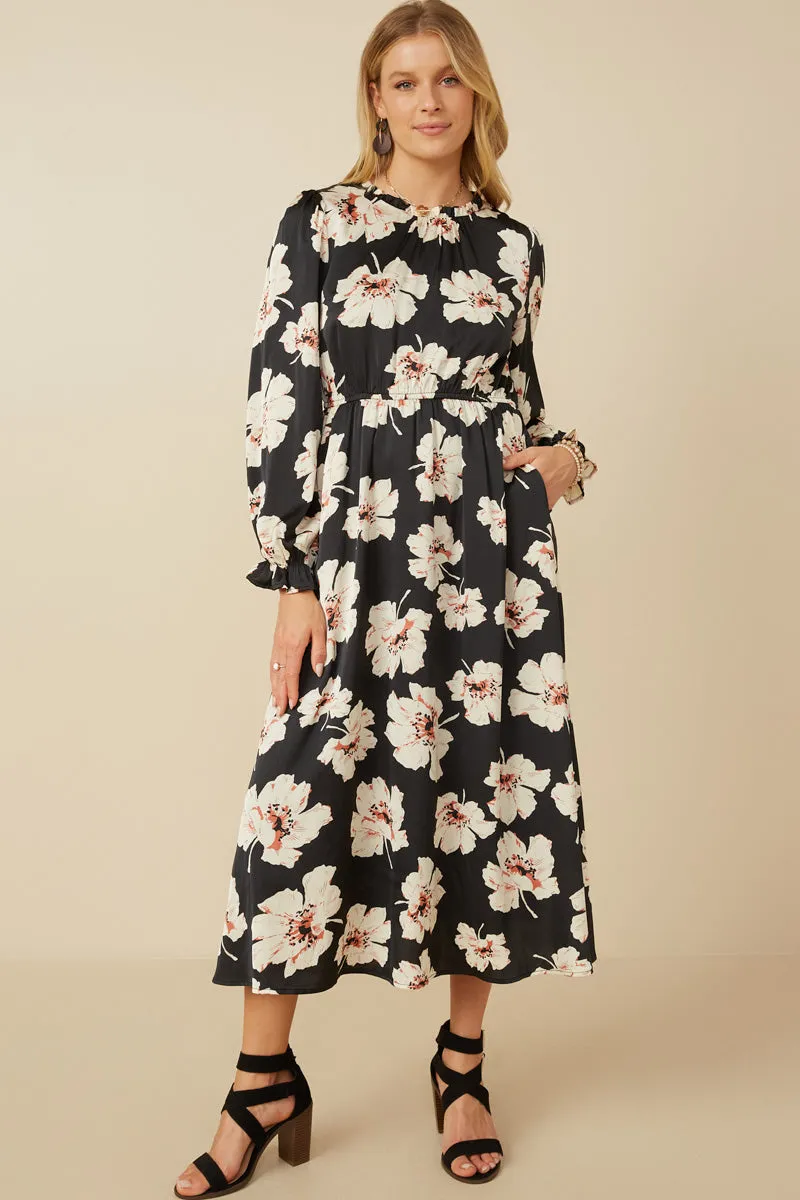 Fresh Glow Romantic Floral Ruffle Neck Cinched Cuff Dress