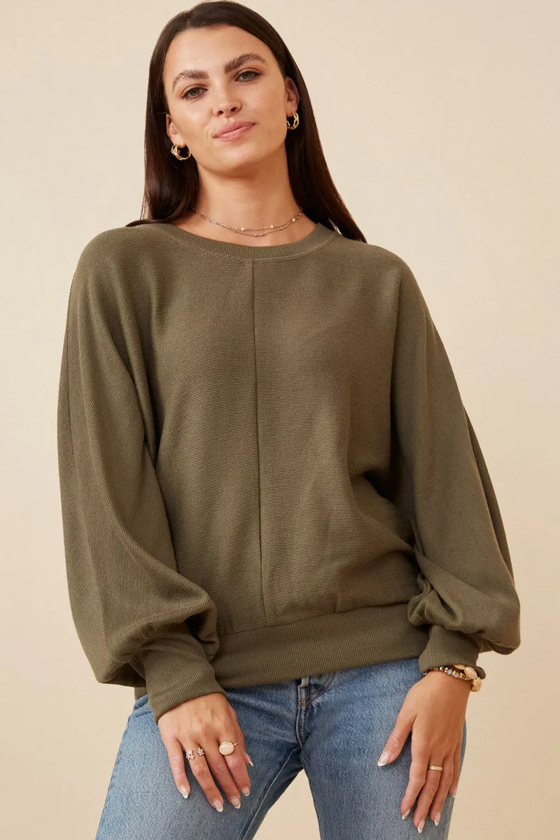 Seam Detail Cuffed Knit Dolman Top Non Iron Fabric Elasticated Hem