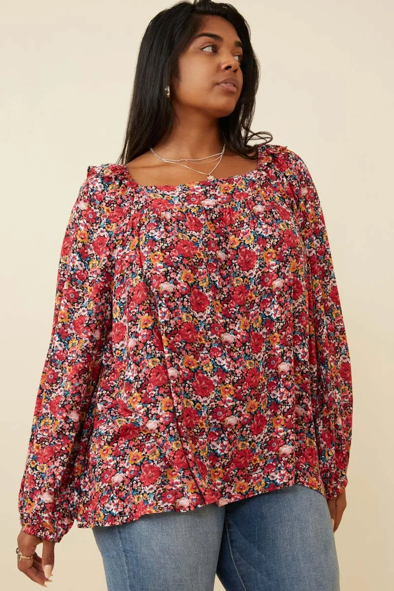Floral Print Ruffle Shoulder Long Sleeve Textured Top Breathable Design Yarn Dyed Pattern Cloth