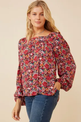 Soft Wool Hooded Design Floral Print Ruffle Shoulder Long Sleeve Textured Top