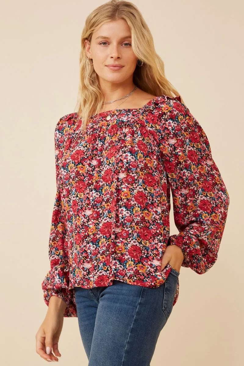 HighDensityFoam Floral Print Ruffle Shoulder Long Sleeve Textured Top