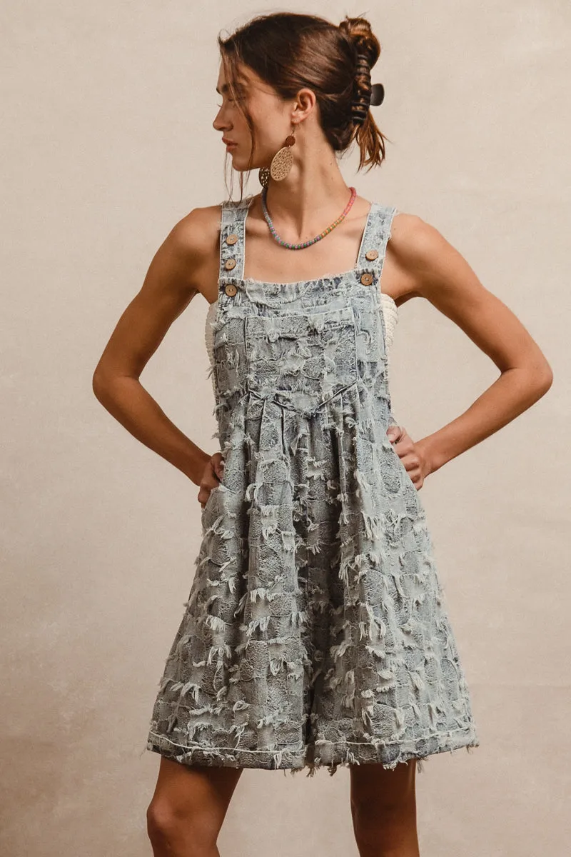 IB1162G-28P | FRAYED TEXTURE CHECKER DENIM SHORTALL WITH SIDE POCKETS Side slits Tapered Leg Design