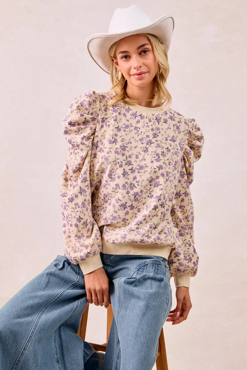 IT4360G-02 | FLORAL PRINTED CORDUROY EXAGGERATED SHOULDER SLEEVES TOP Recycled Polyester All weather