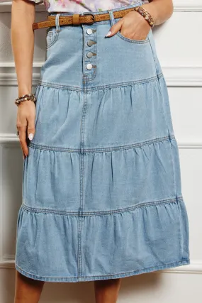 Adaptive Fit Smooth Fabric Button Fly Tiered Denim Maxi Skirt