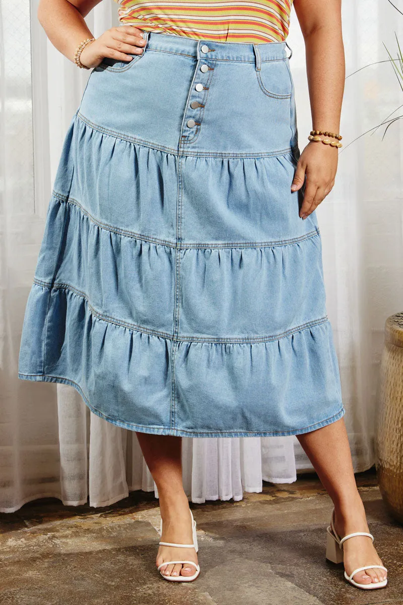 Button Fly Tiered Denim Maxi Skirt StretchWaistband Air Comfort