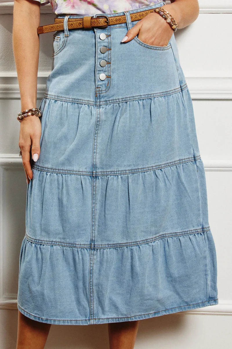 Adaptive Fit Smooth Fabric Button Fly Tiered Denim Maxi Skirt