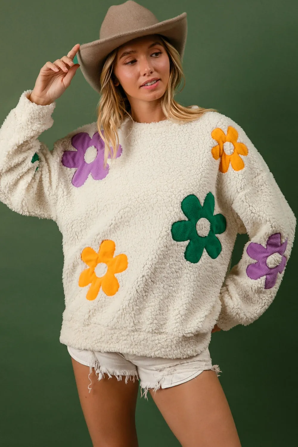 Laser Cut Airflow Vents IT1508G-49 | MARDI GRAS COLORS FLOWER PATCHES FLEECE SWEATSHIRT