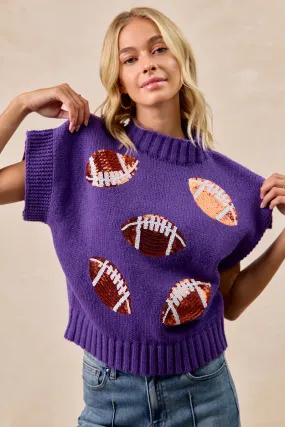 IT1388G-08 | SEQUIN FOOTBALL PATCHES RIB BANDED SWEATER Noise Free Material