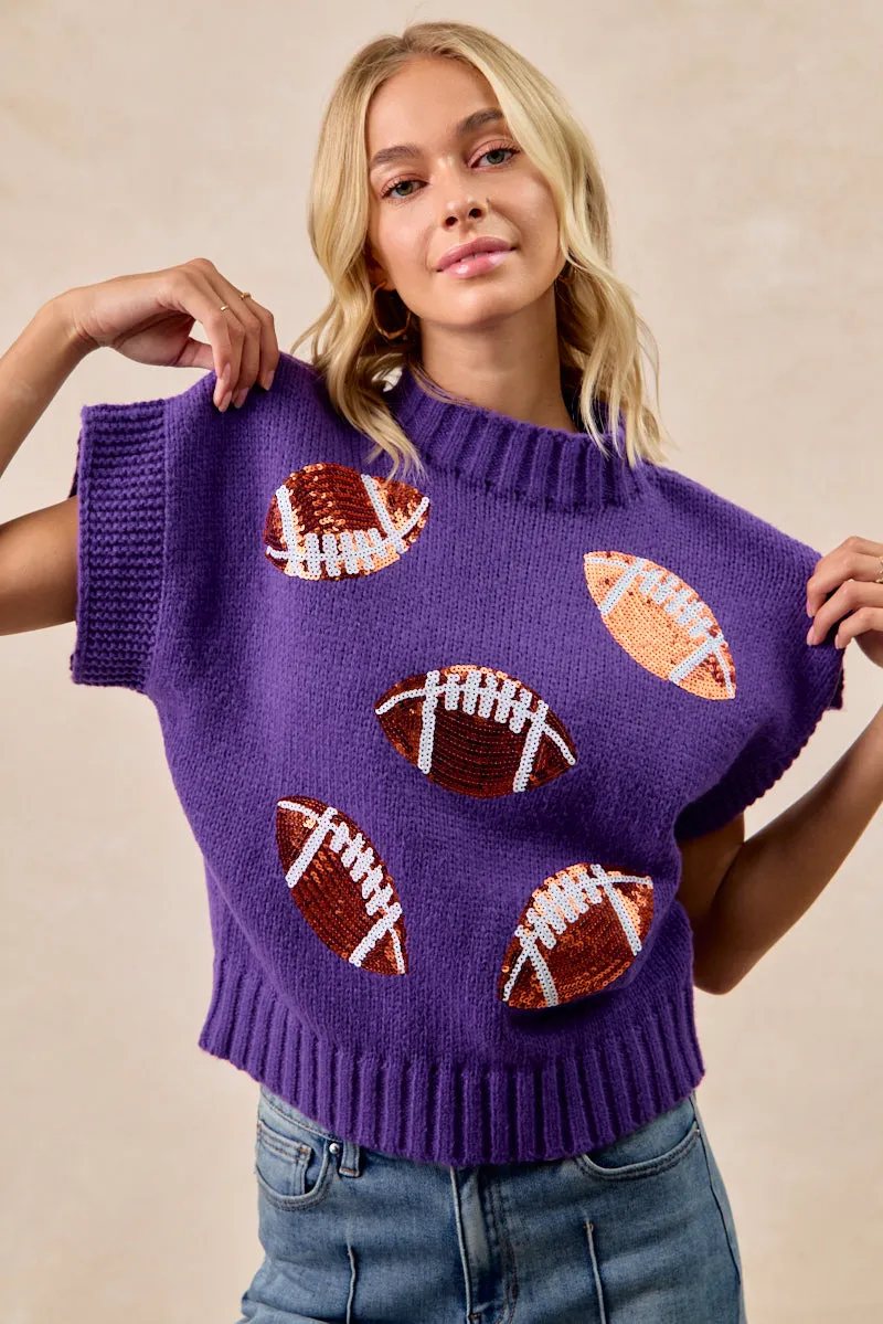 IT1388G-08 | SEQUIN FOOTBALL PATCHES RIB BANDED SWEATER Noise Free Material