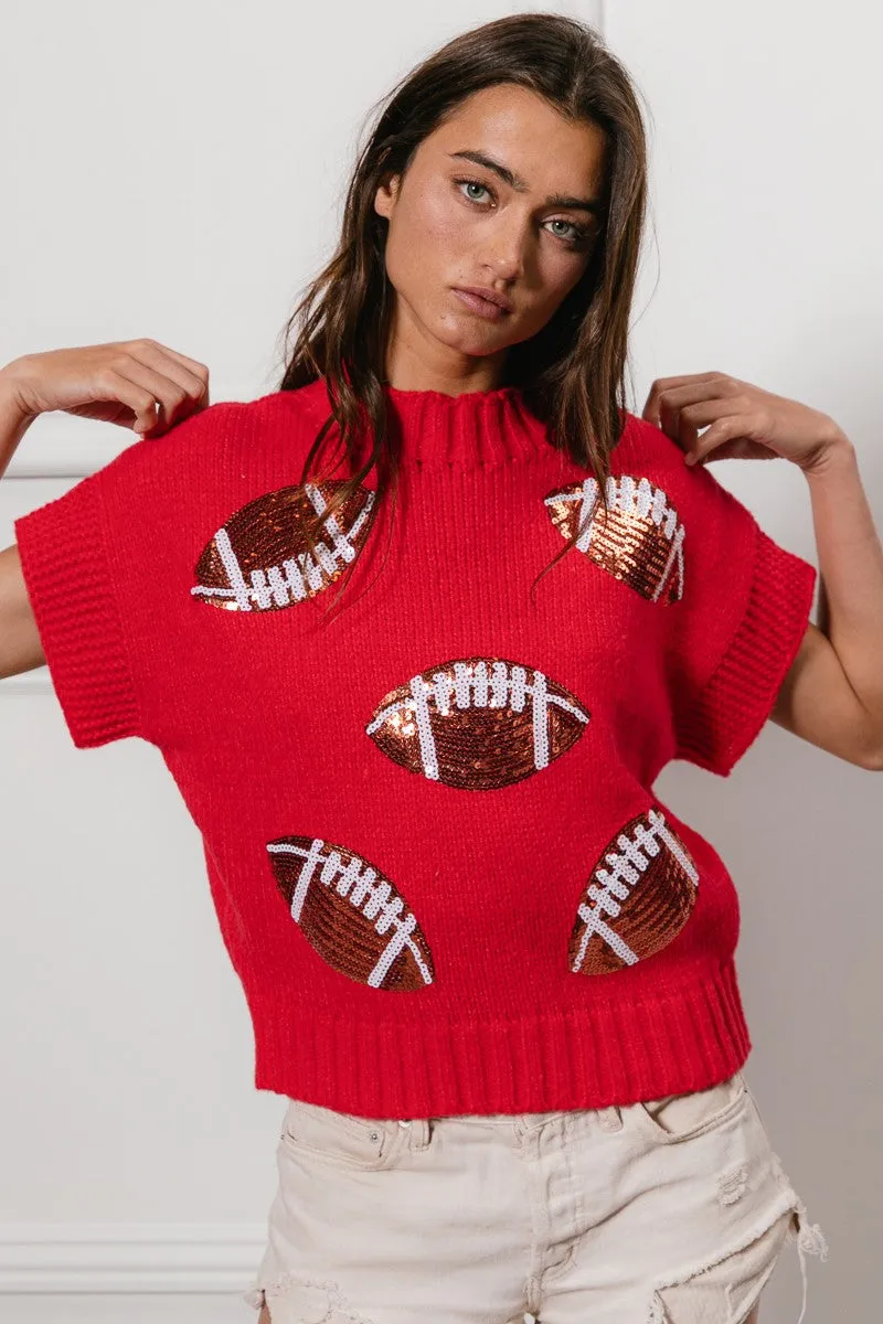 Taped Neckline IT1388G-08 | SEQUIN FOOTBALL PATCHES RIB BANDED SWEATER