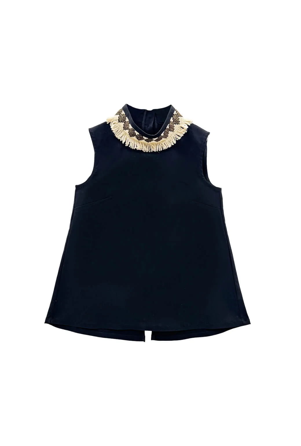 Structured Shoulder Mod Top - Black with Ivory Fringe