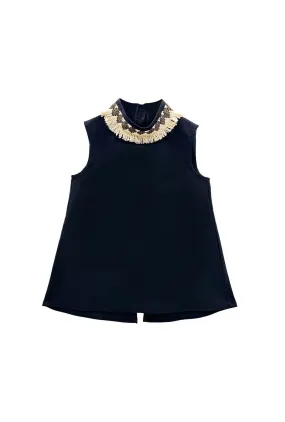 Structured Shoulder Mod Top - Black with Ivory Fringe