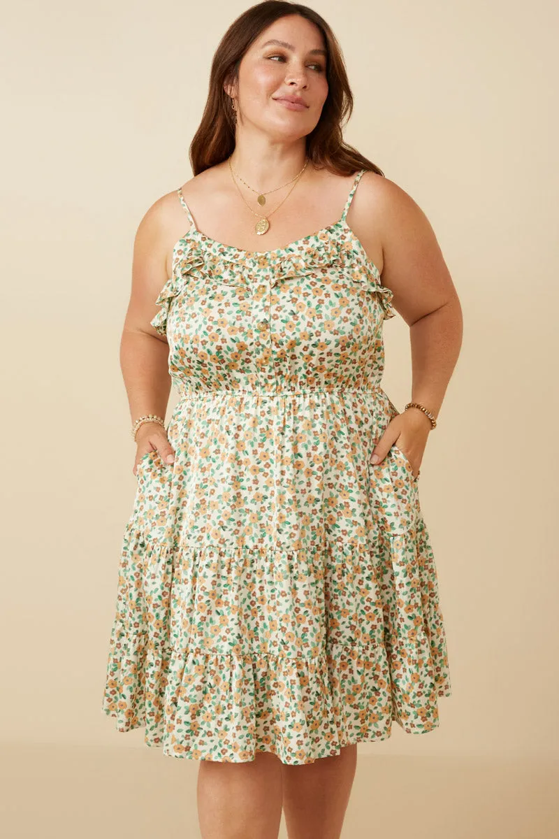 Womens Ditsy Floral Button Detail Ruffled Tank Dress Formal Aura