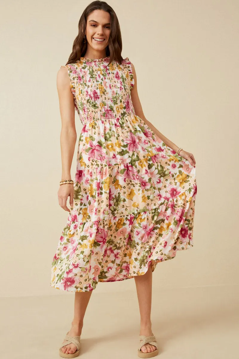 Floral Ruffle Detail Smocked Tank Dress Airy Silk PlushLining