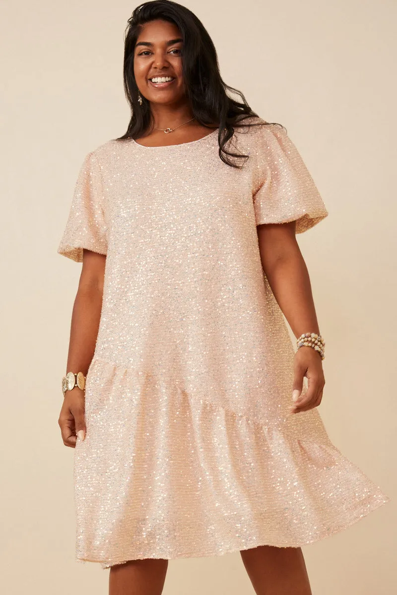 Travel Wear Sequined Asymmetric Hem Puff Sleeve Dress