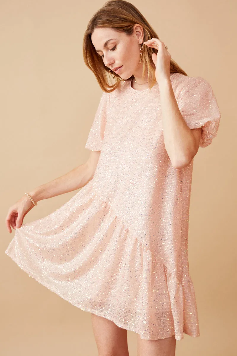 Sequined Asymmetric Hem Puff Sleeve Dress Spring-Season
