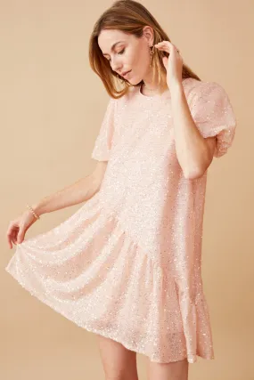 Sequined Asymmetric Hem Puff Sleeve Dress Trendy midi dress Silky Shine