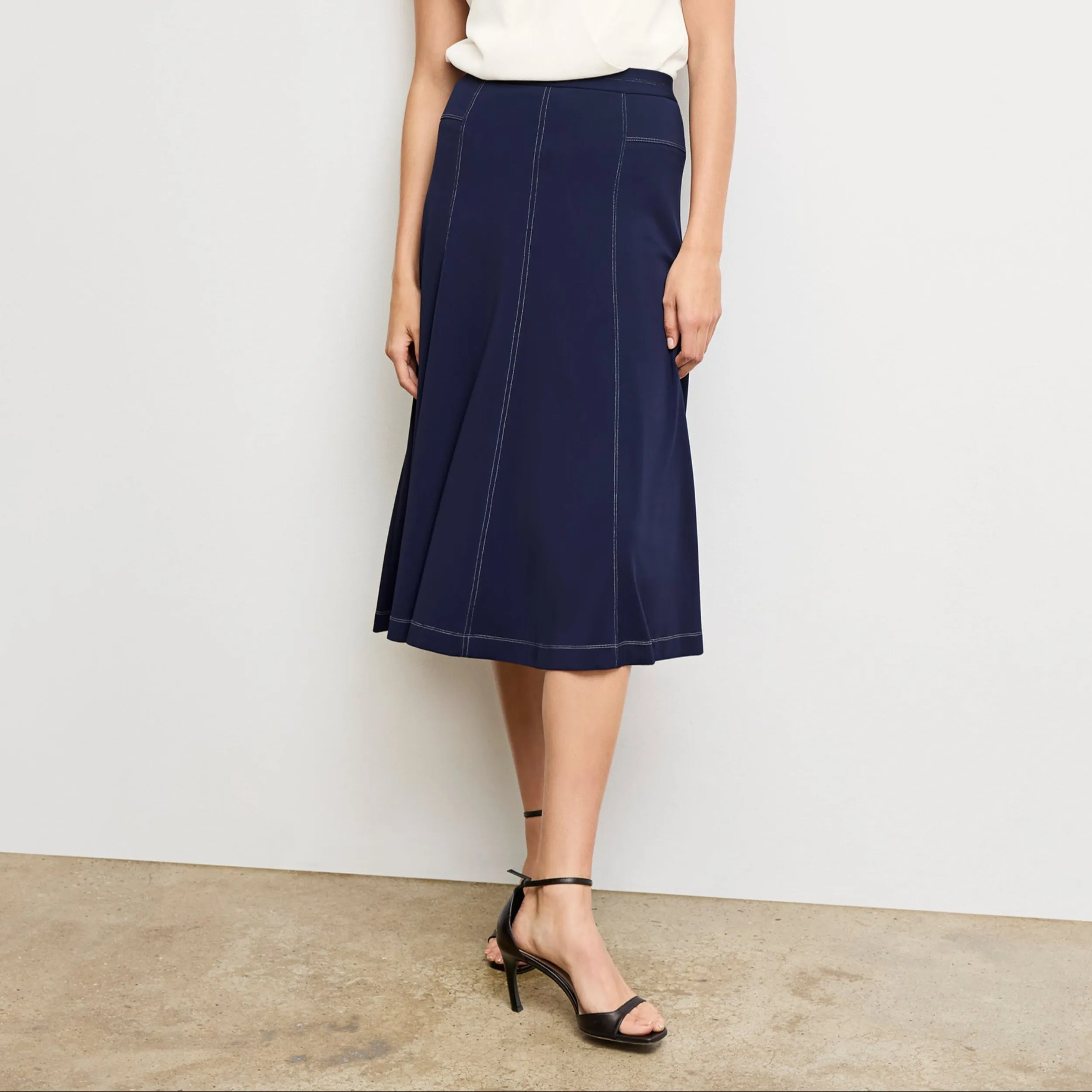 Convertible Neckline Compact Jacquard Weave Shannon Twirl Skirt - Italian Jersey :: Soft Navy Water Resistant Finish
