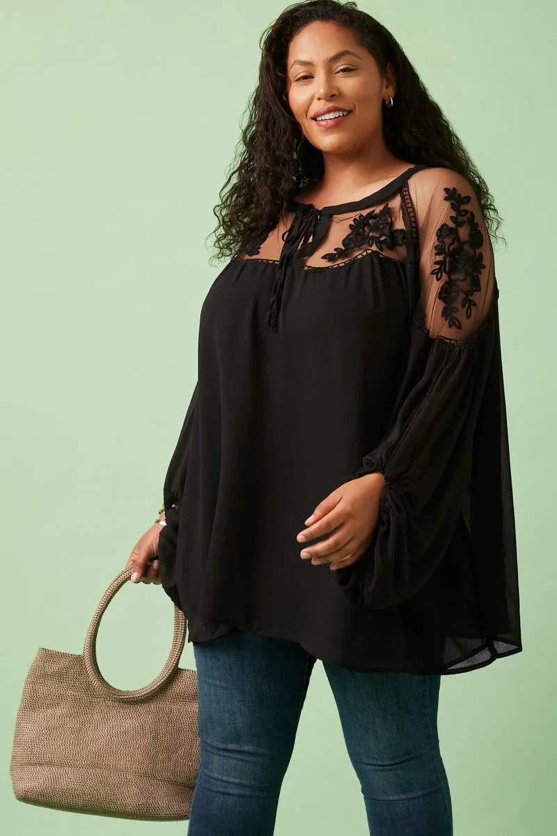 StretchTechnology All-Purpose Sheer Tie Front Peasant Top