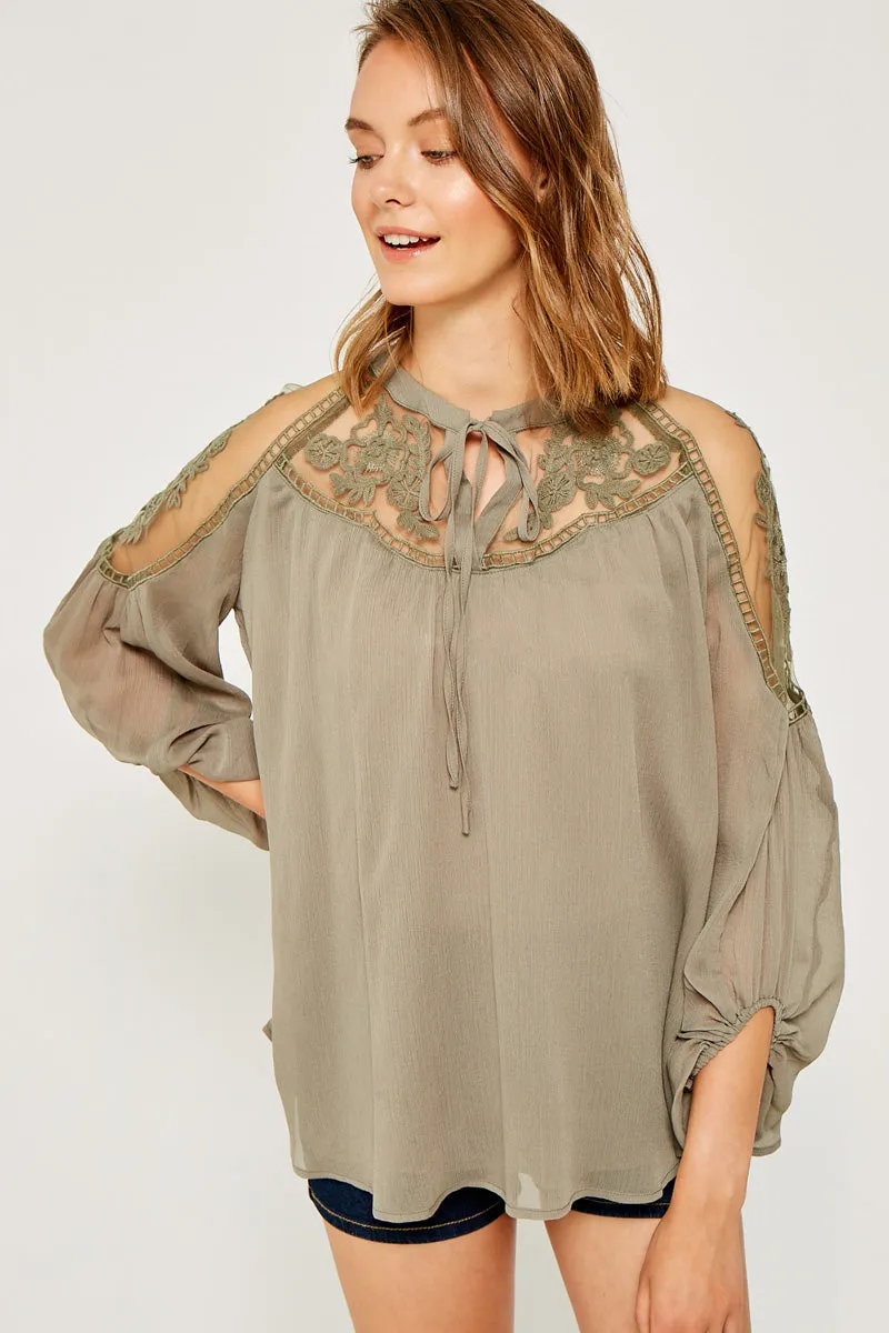 Smooth Interior Lining Recycled Polyester Sheer Tie Front Peasant Top