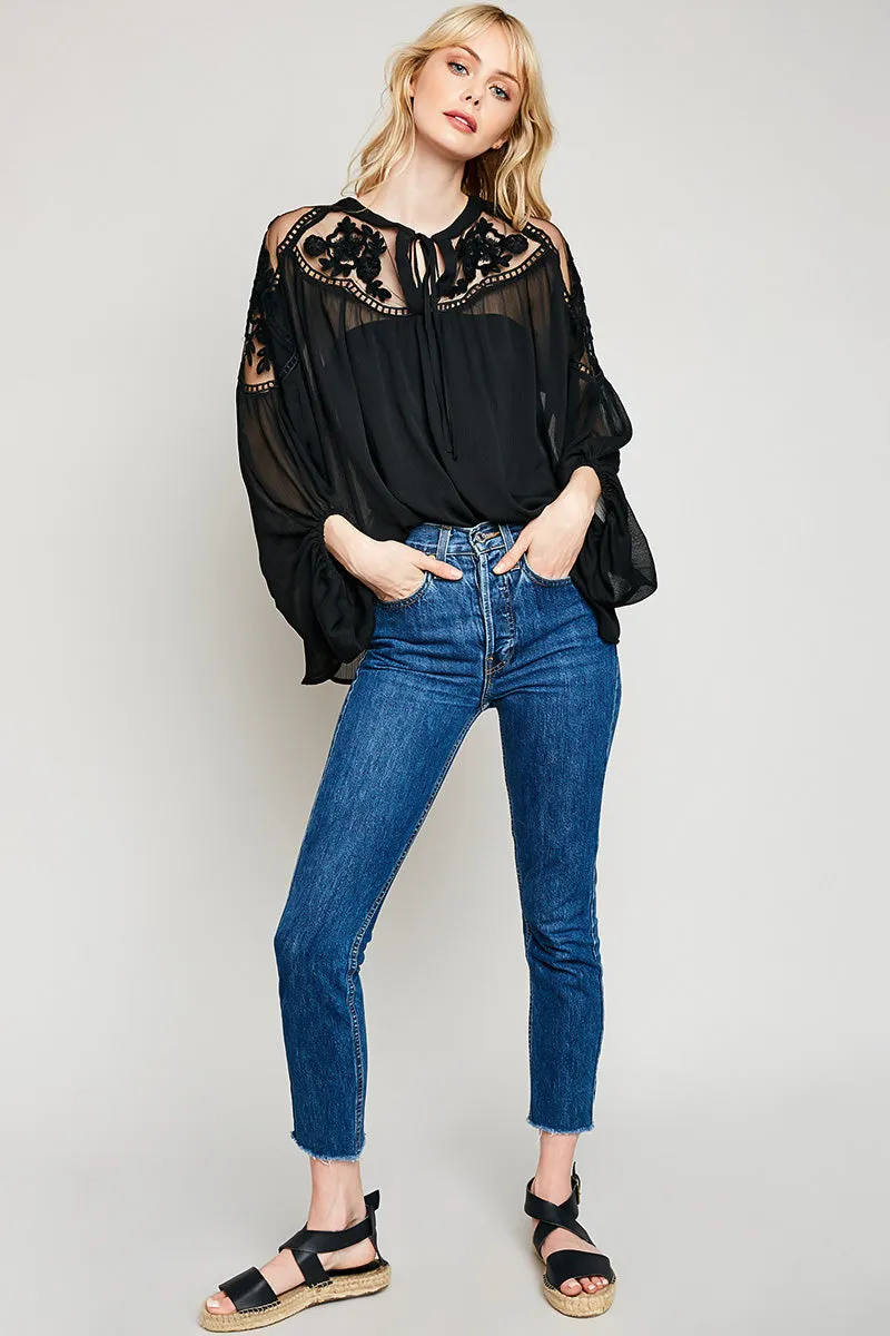 Sheer Tie Front Peasant Top sporty wear Buttonless Closure