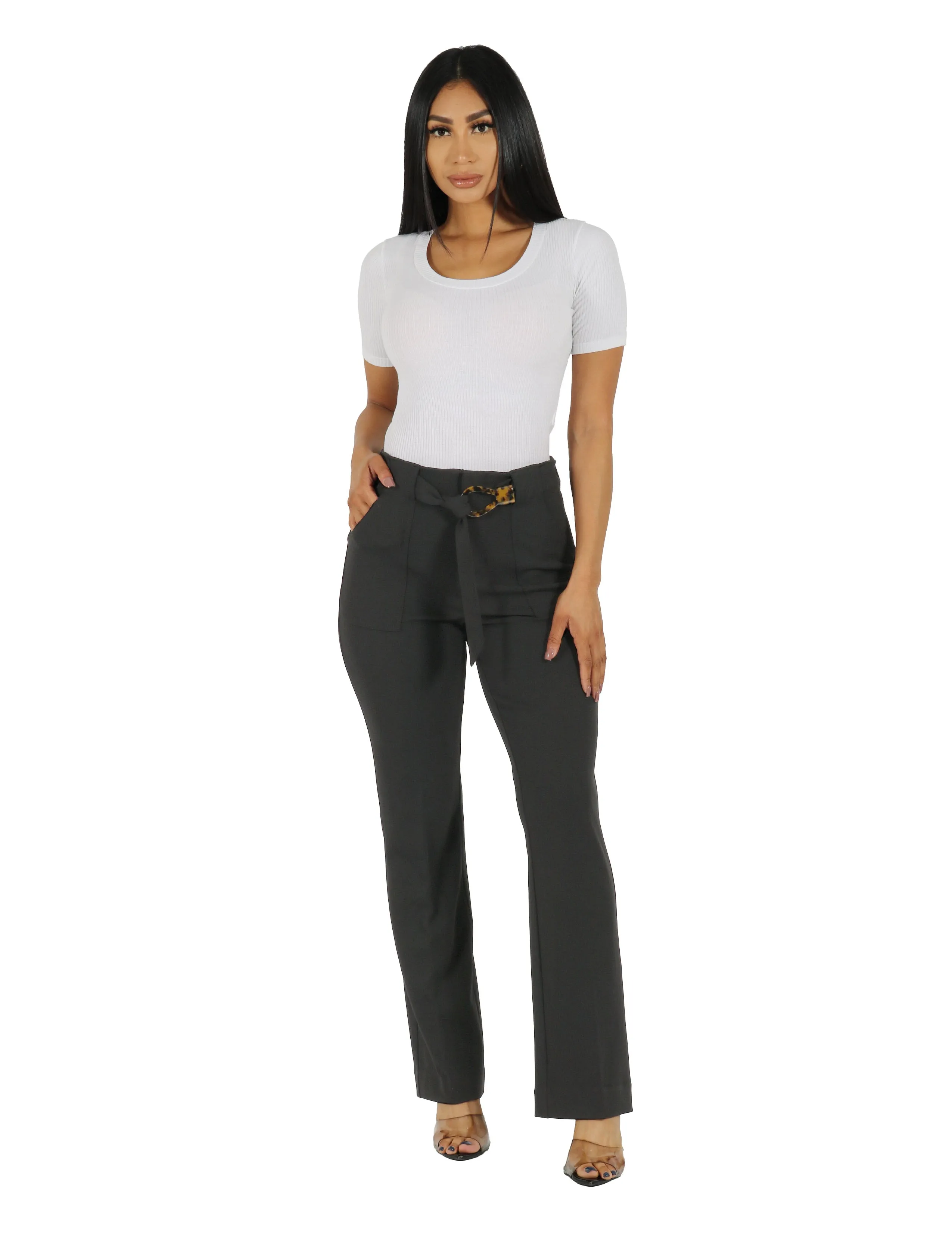 She's Busy High Rise Wide Leg Pant with Patch Pocket and Belt Multi Panel Construction